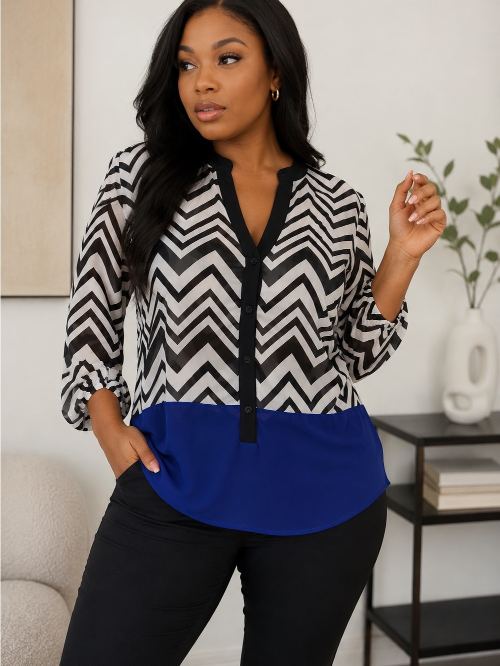 BCX Chevron Button Down Blouse Black White Blue Zig Zag Sheer V-Neck Top M